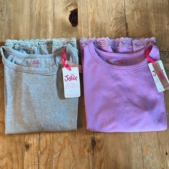 NWT Justice Long Sleeve Lace Hem Rib Tee Set of 2 Gray & Lilac XL 16/18 - Picture 2 of 11
